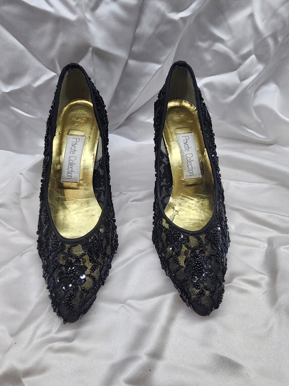 Private Collection Black Beaded Lace Pointed Heels